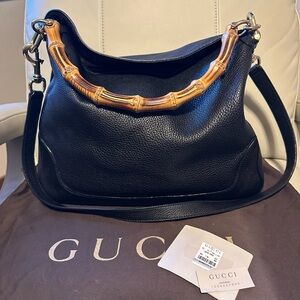 Vintage Gucci Diana Black Leather Bag with Bamboo Handle
